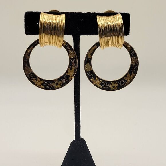 Vintage Givenchy Spanish Damascene Bird Flower Dangle Clip on earrings - Picture 3 of 16